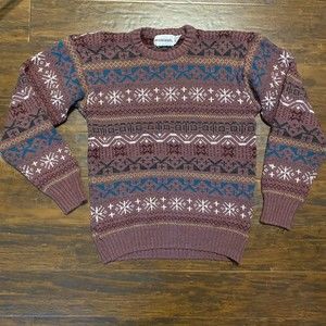 McGregor Men's Medium Vintage Acrylic Crew Neck Sweater Maroon Snowflakes